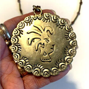 Vintage Southwestern Medallion Necklace 28" Silver Tone Bold Ethnic Boho